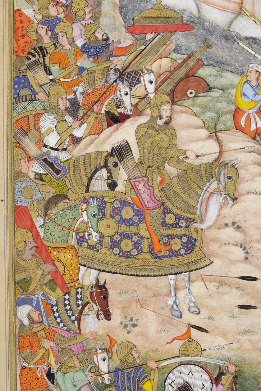काबुल के किले को बाबर की सेनाओं से विस्तार में ले जाना, c.1590-1600 (कागज पर अपारदर्शी wc und सोना) द्वारा धन्नु, और धर्मदास फारुख