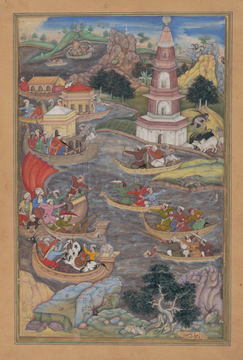 अलेक्जेंडर फाइट्स ए सी बैटल, अमीर खुसरो दिहलवी के खामसा पंचक से फोलियो, 1597-98। द्वारा धर्मदास: