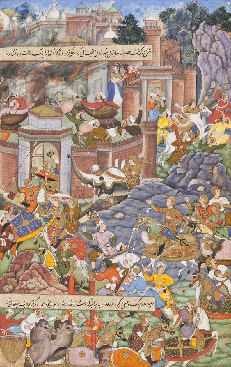 गुजरात में हुमायूँ 1535 अभियान के दौरान सुल्तान बहादुर की उड़ान, c.1590 (कागज पर अपारदर्शी पानी, सोना और स्याही) द्वारा धर्मदास धर्मदास