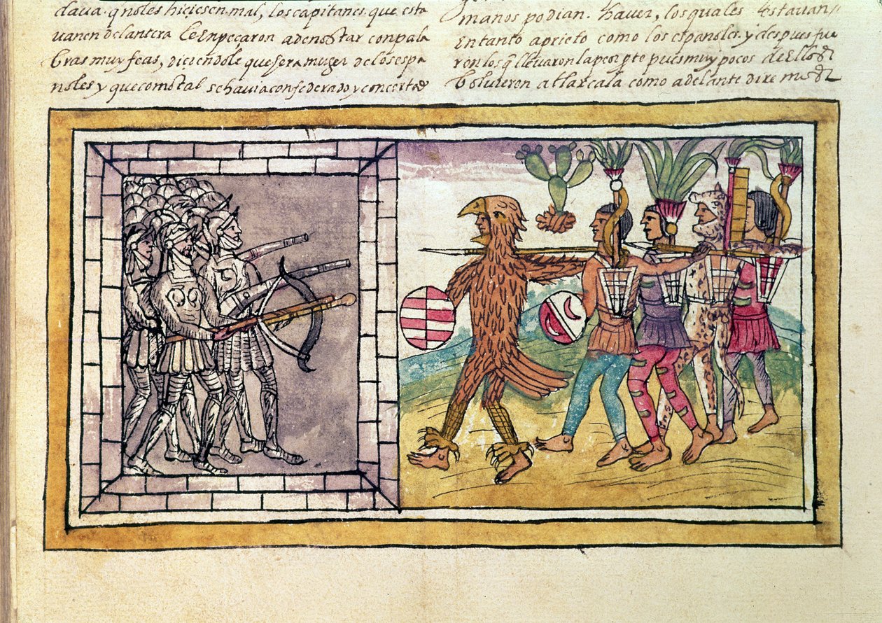 कोडेक्स डुरान: पेड्रो डी अल्वाराडो (c.1485-1541) हर्नैंडो कोर्टेस (1485-1547) के साथी-ए-हथियार, एज़्टेक योद्धाओं द्वारा घेरे द्वारा डिएगो डुरान