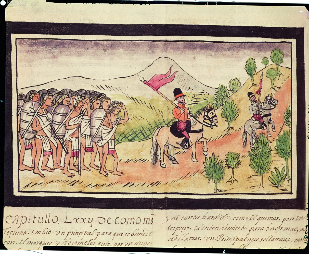 Fol.204v परिवहन सामग्री, 1579 को विजय प्राप्त करने वालों की मदद करने वाले टोटोनैक भारतीय द्वारा डिएगो डुरान