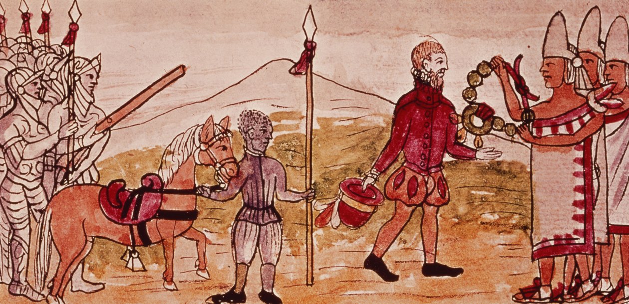 डिएगो ड्यूरन, 1579 (227180 का विस्तार) द्वारा &39;भारतीयों का इतिहास&39; से लघु, हर्नान्डो कोर्टेस (1485-1547) और मोंटेज़ुमा (1466-1520) की मुलाकात। द्वारा डिएगो डुरान