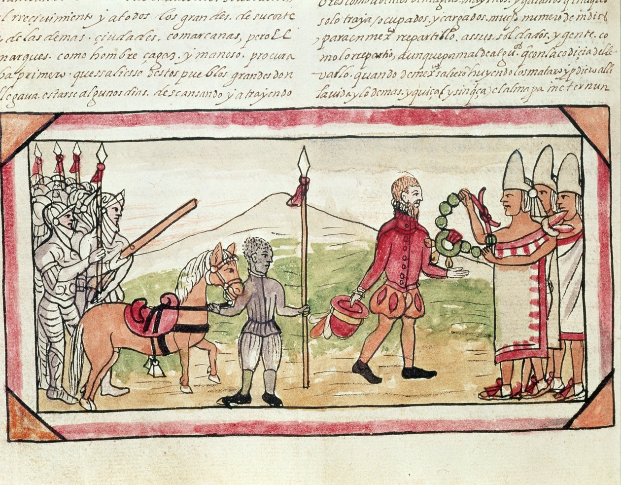 डिएगो ड्यूरन, 1579 द्वारा &39;भारतीयों का इतिहास&39; से लघु Hernando Cortes (1485-1547) और मोंटेज़ुमा (1466-1520) की बैठक की बैठक द्वारा डिएगो डुरान