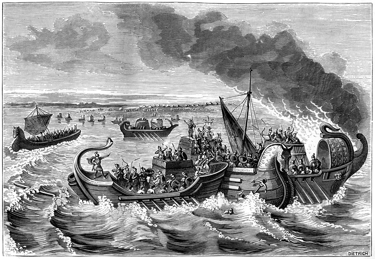 रोमन और वेनेटी जहाजों, लॉयर नदी, 56 ईसा पूर्व 1882-1884 के बीच मुकाबला। द्वारा Dietrich