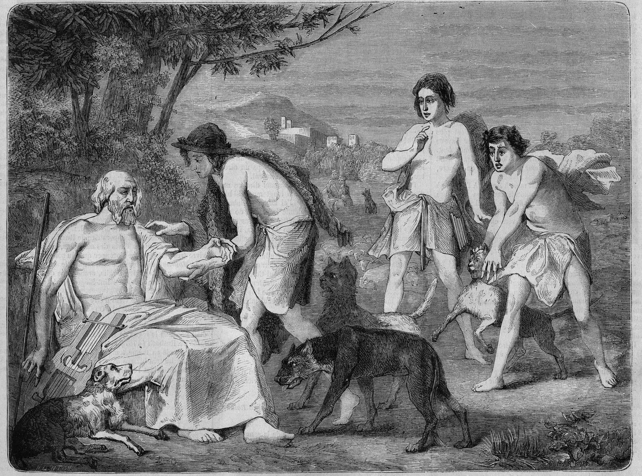 सिरोस द्वीप में होमेरे। 1864 से माइलर्ड की पेंटिंग के अनुसार उत्कीर्णन। द्वारा डायोजीन उलेसे नेपोलियन मैलार्ट
