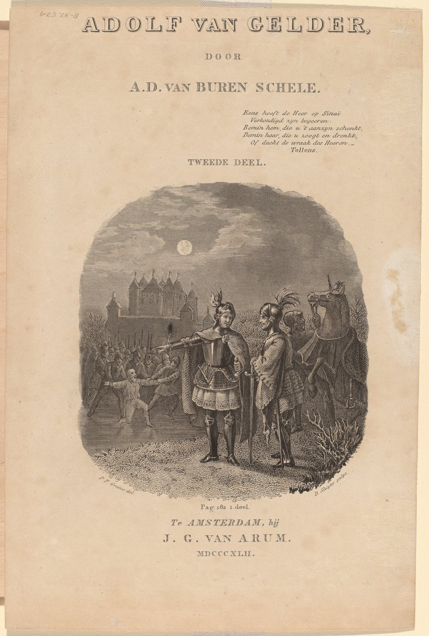 एडी वैन बुरेन शेले के quot;एडॉल्फ वैन गेल्डरquot;, एम्स्टर्डम, 1842 का शीर्षक पृष्ठ द्वारा डिर्क जुर्रियान स्लुयटर