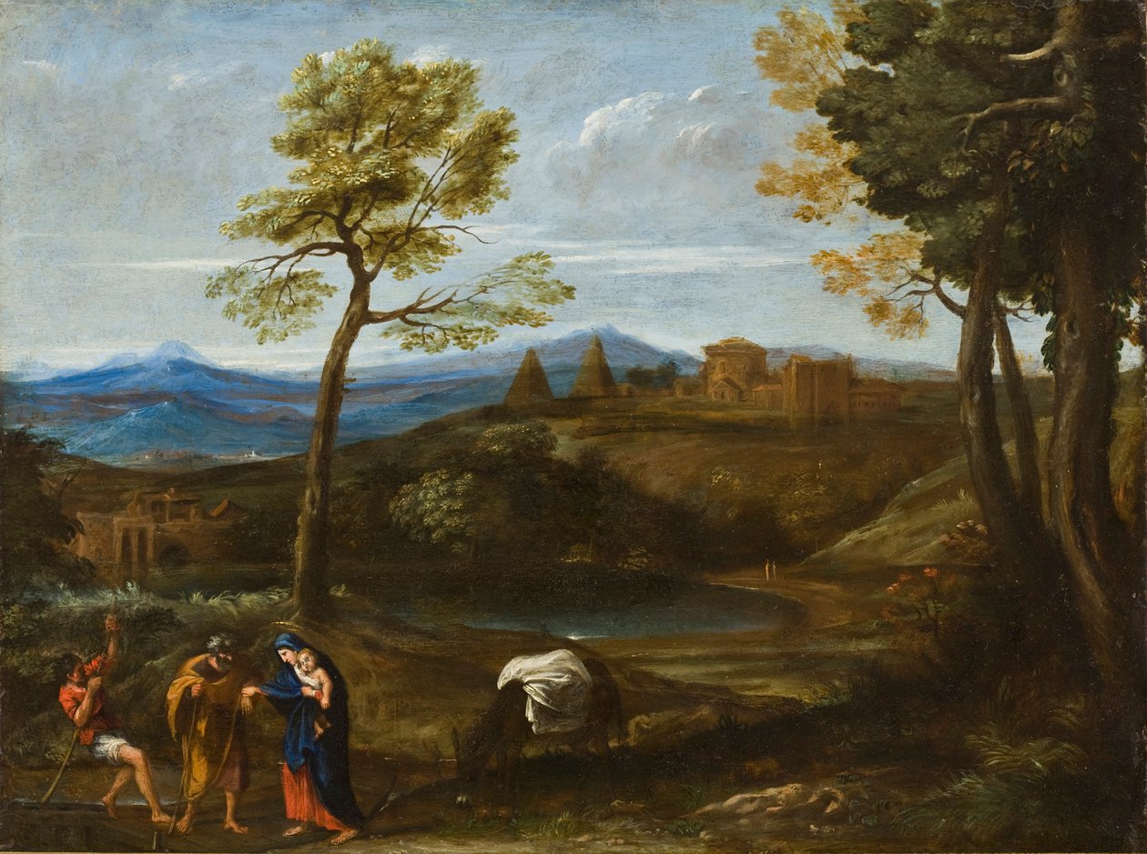 मिस्र में उड़ान के साथ लैंडस्केप, c.1605 (तांबे पर तेल) द्वारा Domenichino