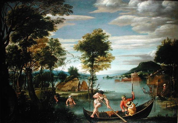 नावों के साथ लैंडस्केप (कैनवास पर तेल) द्वारा Domenichino