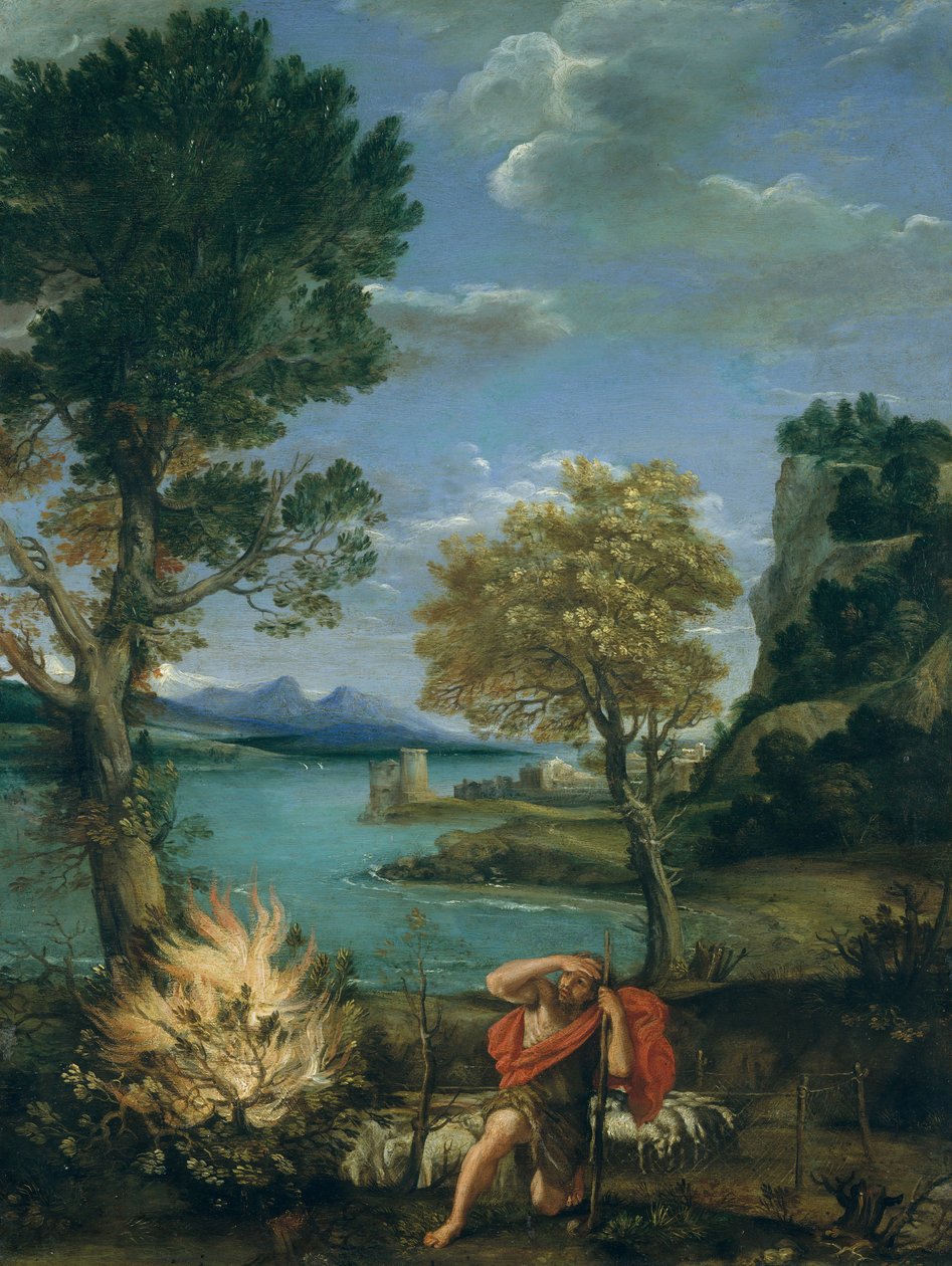मूसा और द बर्निंग बुश के साथ लैंडस्केप, 1610-16। द्वारा Domenichino