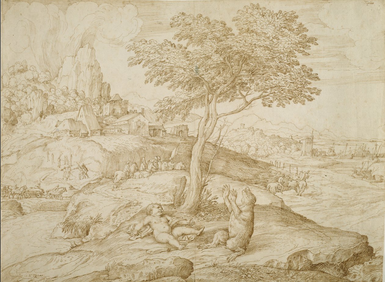 आर्कास को जन्म देने के बाद कॉलिस्टोस का एक परिवर्तन में परिवर्तन, c.1558 (क्रीम रखी कागज पर कलम और भूरी स्याही) द्वारा डोमिनिको कैंपाग्नोला