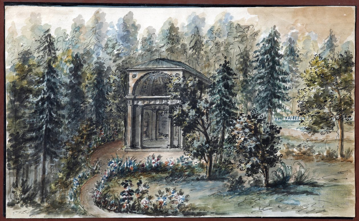Pavillon en memoire de Frederica, soeur de l'imperatrice Maria Feodorovna, a Pavlovsk - Pavlovsk - Domenico Felice Lamoni (1745-1830) में फ़्रेडरिका, महारानी मारिया फ़्योदोरोव्ना की बहन की याद में मंडप। कागज पर जल रंग और सफेद रंग, १७८७ के बाद द्वारा डोमिनिको फेलिस लामोनी