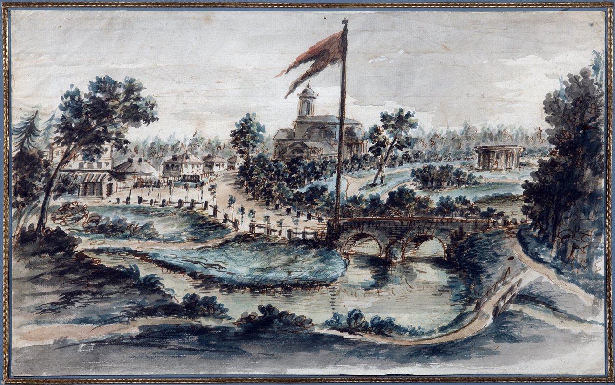 सेंट मैरी मैग्डलीन के अस्पताल के साथ पावलोवस्क पार्क का दृश्य, c.1783 (कागज पर wc) द्वारा डोमिनिको फेलिस लामोनी