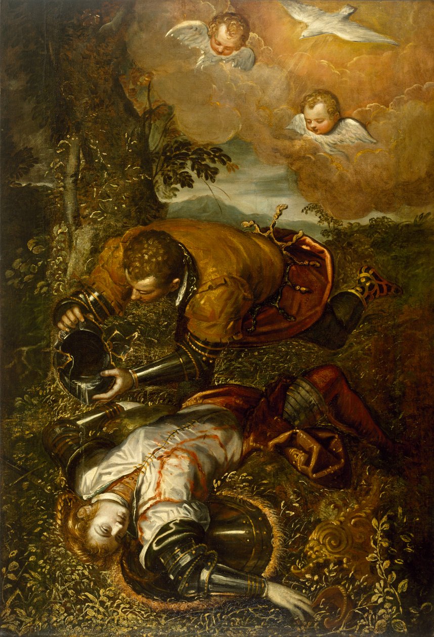 Tancred Baptizing क्लोरिंडा, c.1586-1600 (कैनवास पर तेल) द्वारा डोमनिको रोबस्टी टिंटोरेटो