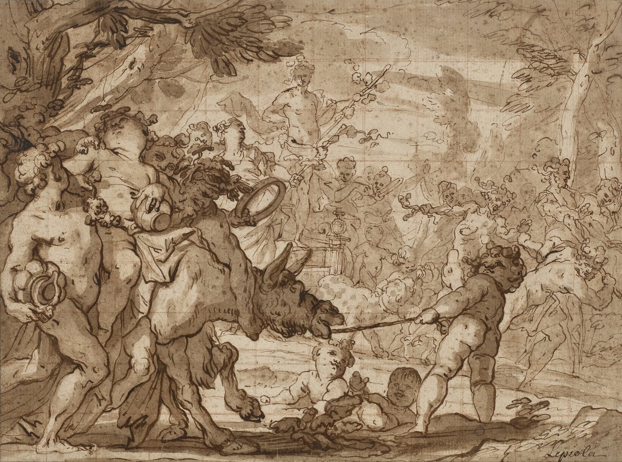Bacchus की विजय, c.1642-1703 (कलम और भूरे रंग की स्याही और लाल कागज पर लाल चाक धोना द्वारा डोमिनिको द एल्डर पियोला