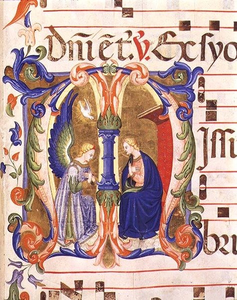 Ms 572 f.147r ऐतिहासिक प्रारंभिक 'M' सांता मारिया डेल कारमाइन, फ्लोरेंस (वेल्लम) से एक एंटीफ़ोन से उद्घोषणा का चित्रण करता है द्वारा डॉन सिमोन कैमलडोलिस और स्कूल