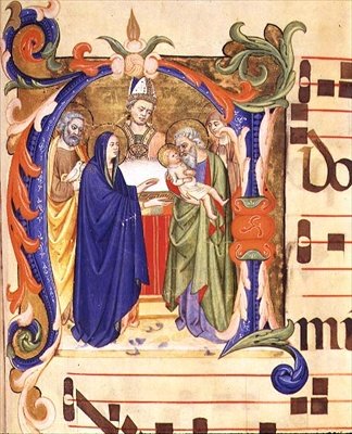 Ms 572 f.88r, सांता मारिया डेल कारमाइन, फ्लोरेंस (वेल्लम) के एक एंटीफ़ोन से मंदिर में प्रस्तुति का चित्रण करते हुए ऐतिहासिक प्रारंभिक 'एन' द्वारा डॉन सिमोन कैमलडोलिस और स्कूल