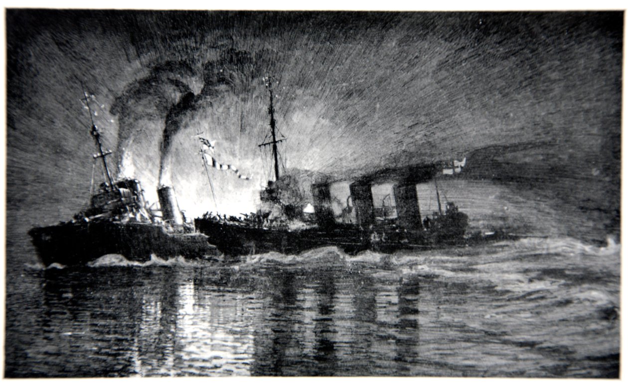 HMS ब्रोक जर्मन विध्वंसक की भूमिका निभाते हुए, गॉर्डन एस। मैक्सवेल, 1920 द्वारा &39;द नेवल फ्रंट&39; का चित्रण द्वारा डोनाल्ड मैक्सवेल