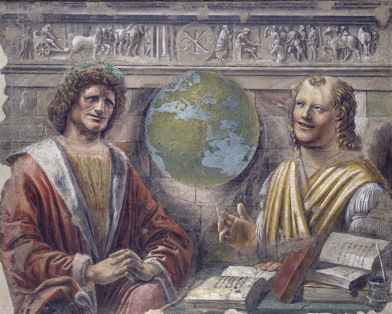 हेराक्लिटस और डेमोक्रिटस, c.1486 (कैनवास पर किया गया अलग फ्रेस्को) द्वारा डोनाटो ब्रैमांटे