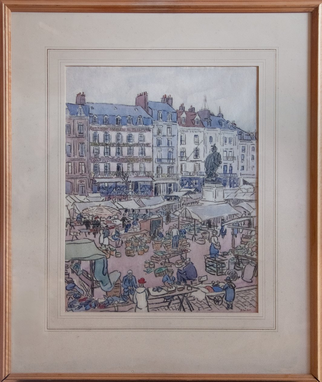 Dieppe में बाजार का दिन, c.1910 (काले क्रेयॉन और कागज पर wc) द्वारा डगलस फॉक्स पिट