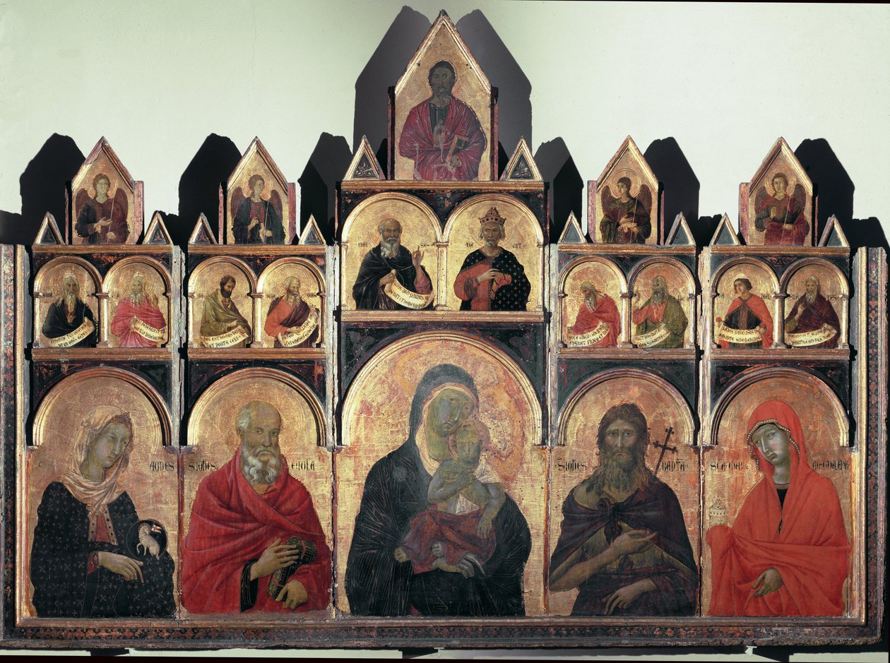 Polyptych n 47 - सेंट एग्नेस, सेंट जॉन, बच्चे के साथ कुंवारी, सेंट जॉन द बैपटिस्ट और सेंट मैरी मैग्डलीन - पैनल पर तापमान द्वारा ड्यूकियो डि बुओनिनसेग्ना