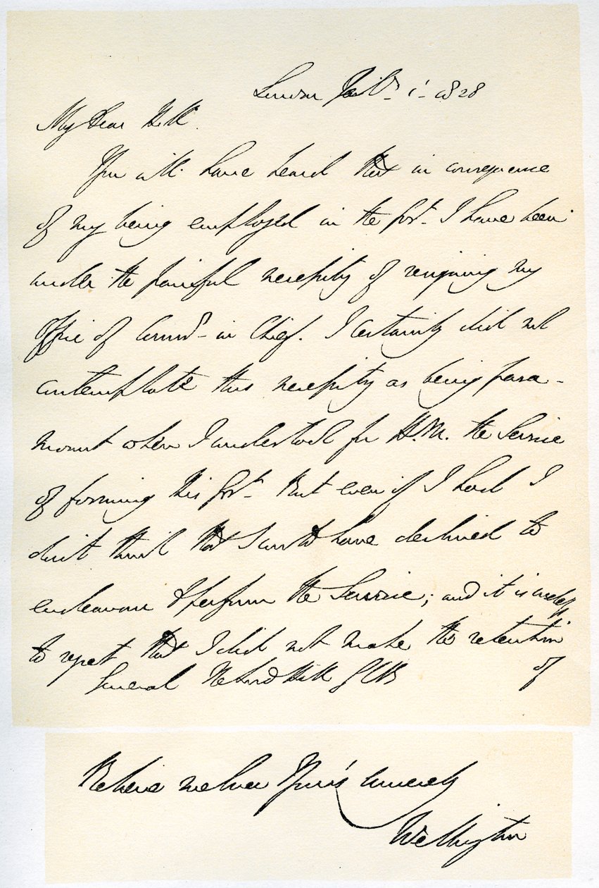 1 फरवरी 1828 को ड्यूक ऑफ वेलिंगटन से जनरल रॉलैंड हिल तक का पत्र। द्वारा ड्यूक ऑफ वेलिंगटन