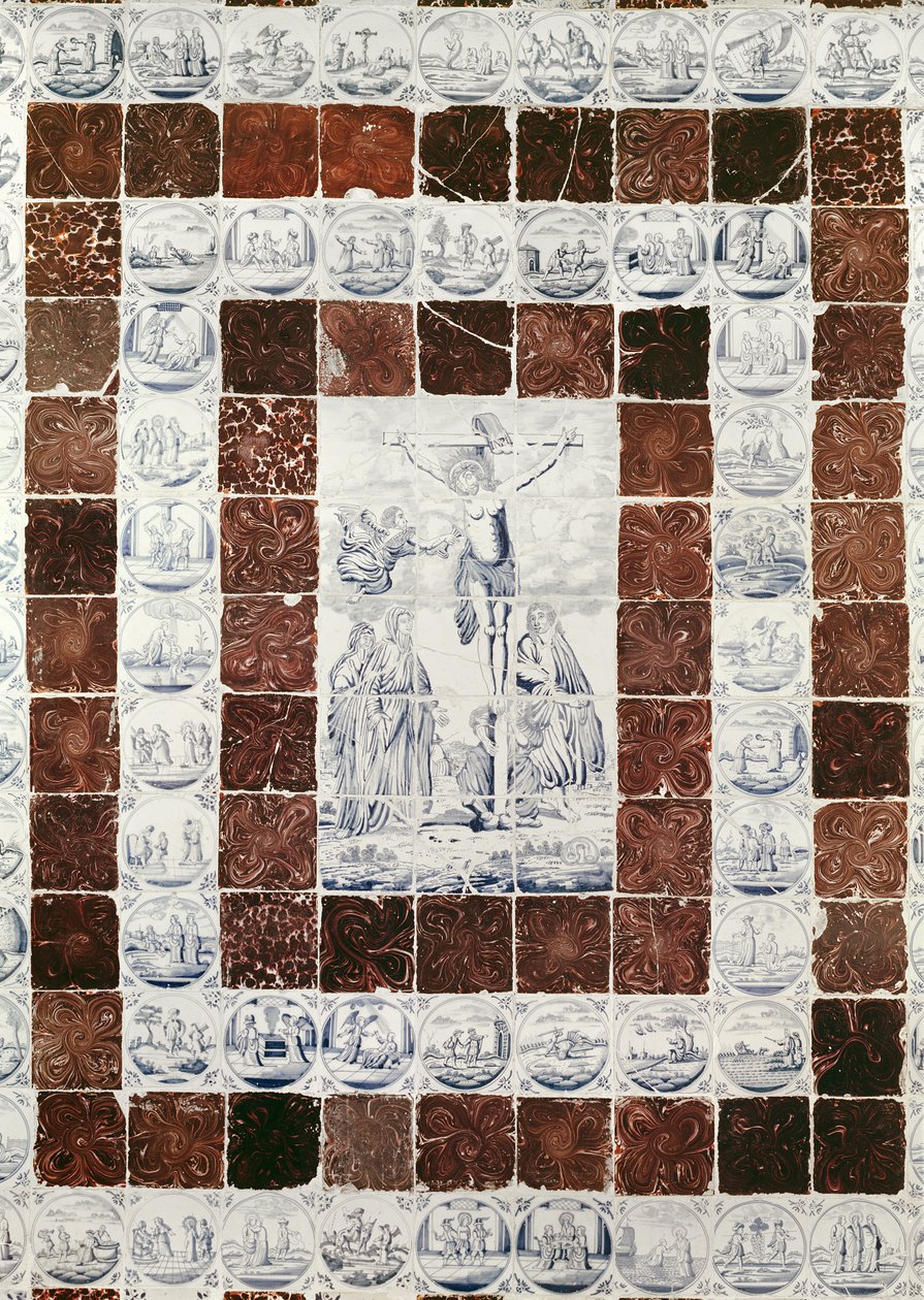 पुराने और नए Testaments (सिरेमिक) के दृश्यों के साथ टाइल की सीमा के साथ Crucifixion को दर्शाती Delft टाइल्स द्वारा डच स्कूल