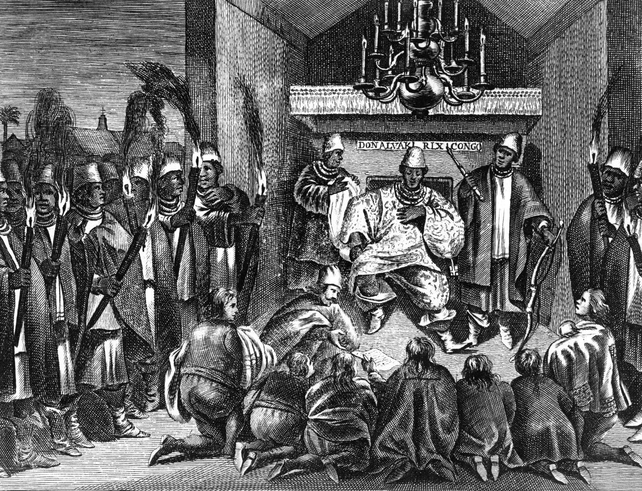 कांगो के राजा अलवारो प्रथम ने डच राजदूतों को प्राप्त किया, 1668 में प्रकाशित ऑलफर्ट डैपर द्वारा &39;अफ्रीका के विवरण&39; का एक चित्रण। द्वारा डच स्कूल