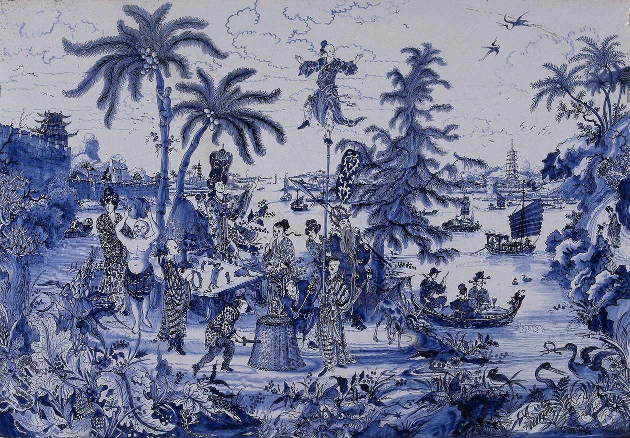 चिनोसरी परिदृश्य और गिल्ट विवरण के साथ पट्टिका, c.1680 (फ़ाइनेस) द्वारा डच स्कूल