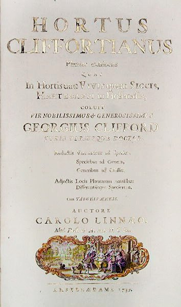 कार्ल लिनिअस द्वारा हॉर्टस क्लिफ़फोर्टियनस का शीर्षक पृष्ठ (1707-78) एम्स्टर्डम, 1737 (प्रिंट) द्वारा डच स्कूल