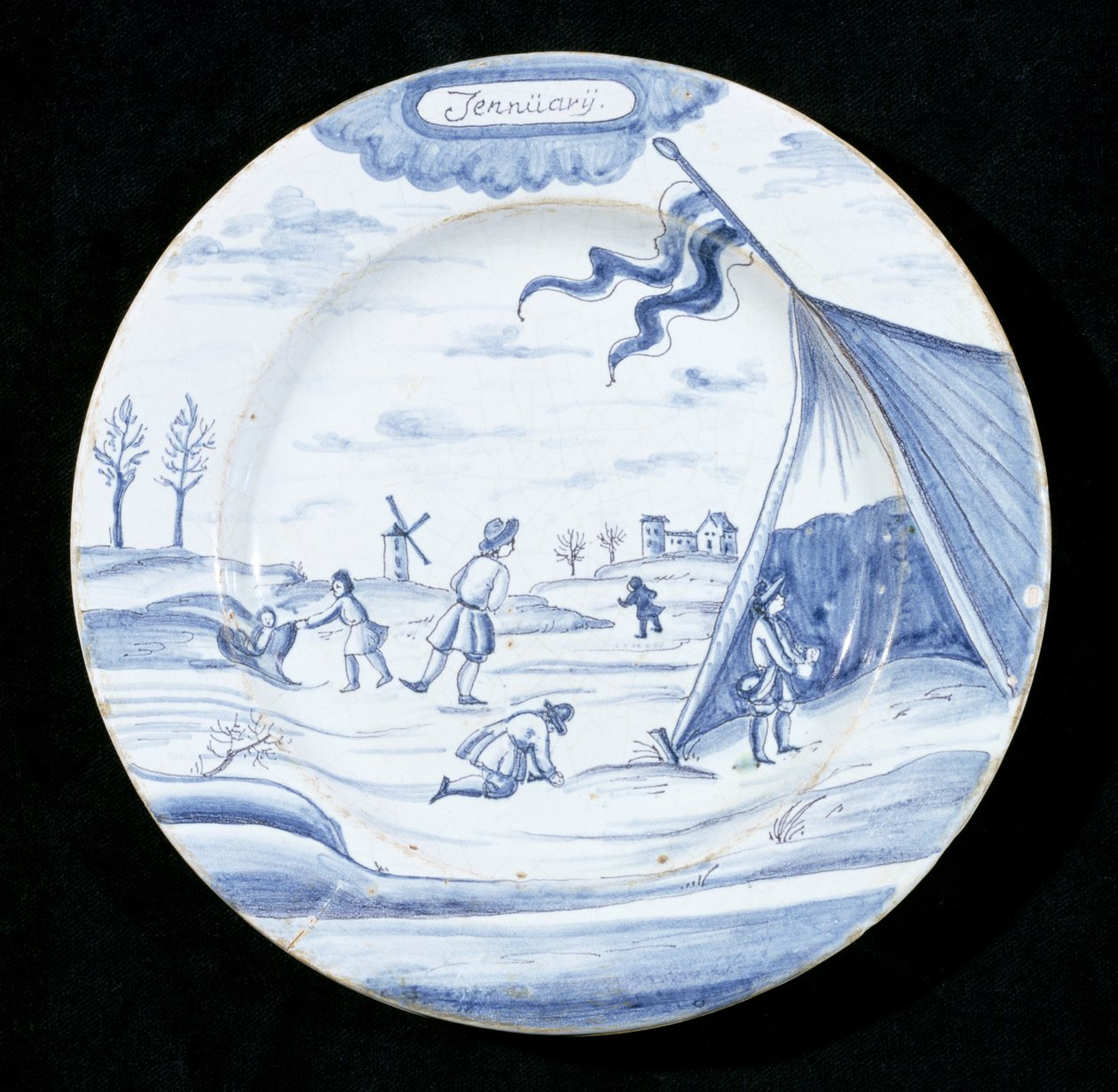 Delftware प्लेट जनवरी के महीने (टिन-चमकता हुआ मिट्टी के बरतन) का चित्रण द्वारा डच स्कूल