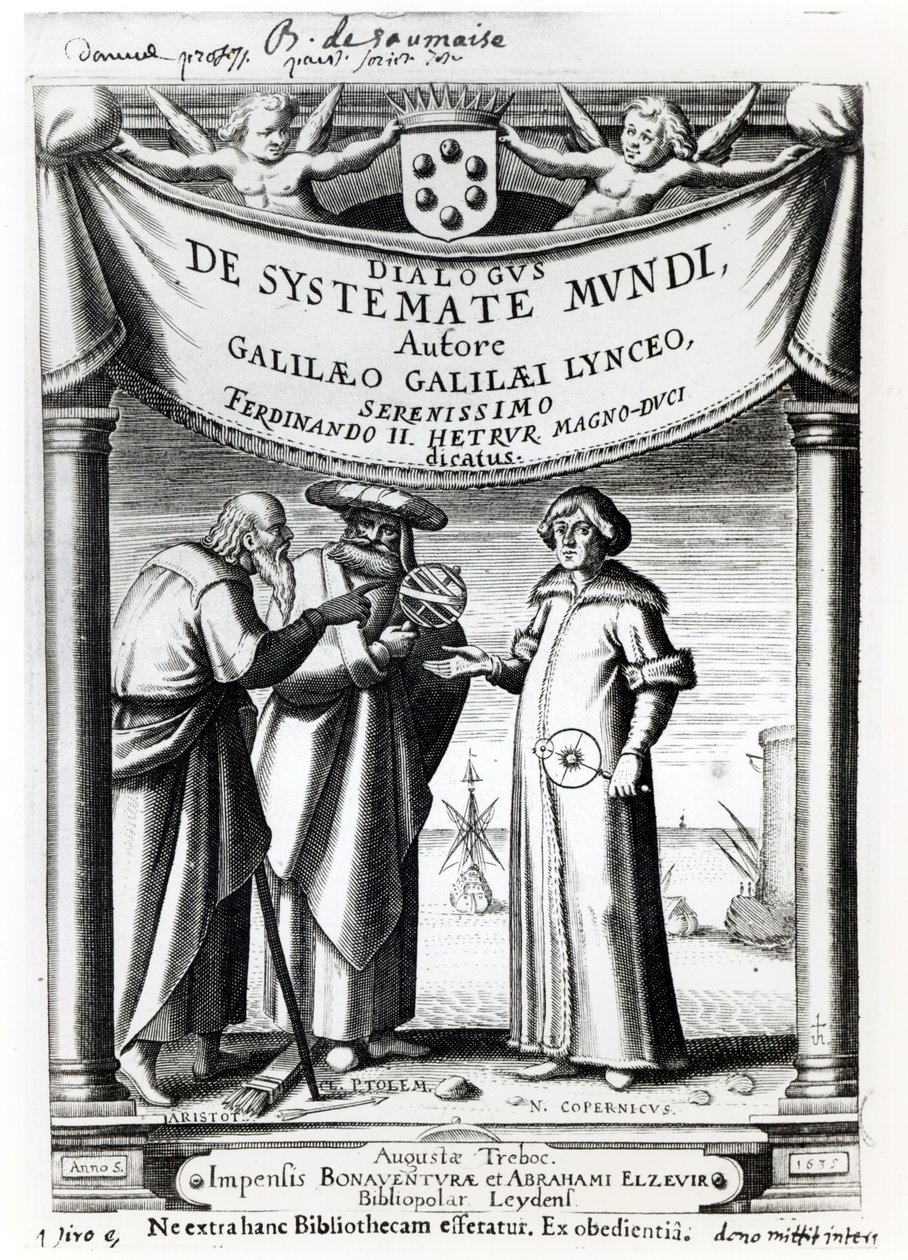गैलीलियो ने विश्व की बातचीत प्रणाली के frontispiece (1564-1642), लिदेन में, 1635 में प्रकाशित द्वारा डच स्कूल