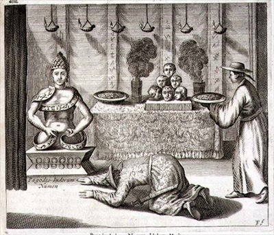 अथानासियस किरचर (1601-80) 1667 (उत्कीर्णन) द्वारा 'चाइना इलस्ट्रेटेड' से एक भारतीय भगवान के लिए एक मंदिर का आंतरिक भाग द्वारा डच स्कूल