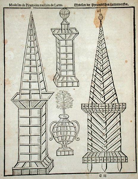 जोहान वैन डेर ग्रोएन द्वारा 'द डच गार्डनर' से लैटिसवर्क पिरामिड, 1699 में प्रकाशित (उत्कीर्णन) द्वारा डच स्कूल
