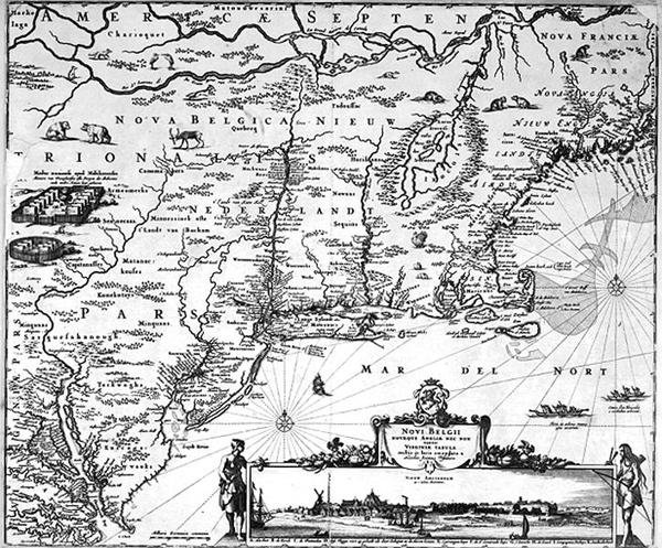 न्यू एम्स्टर्डम का नक्शा, c.1650 (उत्कीर्णन) द्वारा डच स्कूल