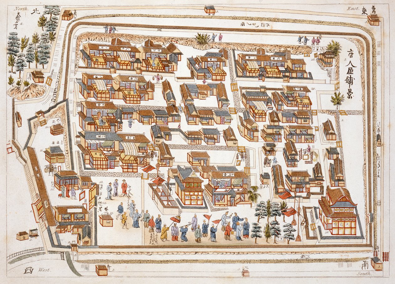 नांगसाकी में टेंग-चान की सड़क में चीनी कारखाने, 1688 की स्थापना, इसहाक ब्रेस्टसिंह (c.1740-1812) द्वारा जापान के चित्र से, लंदन, 1822 में प्रकाशित द्वारा डच स्कूल