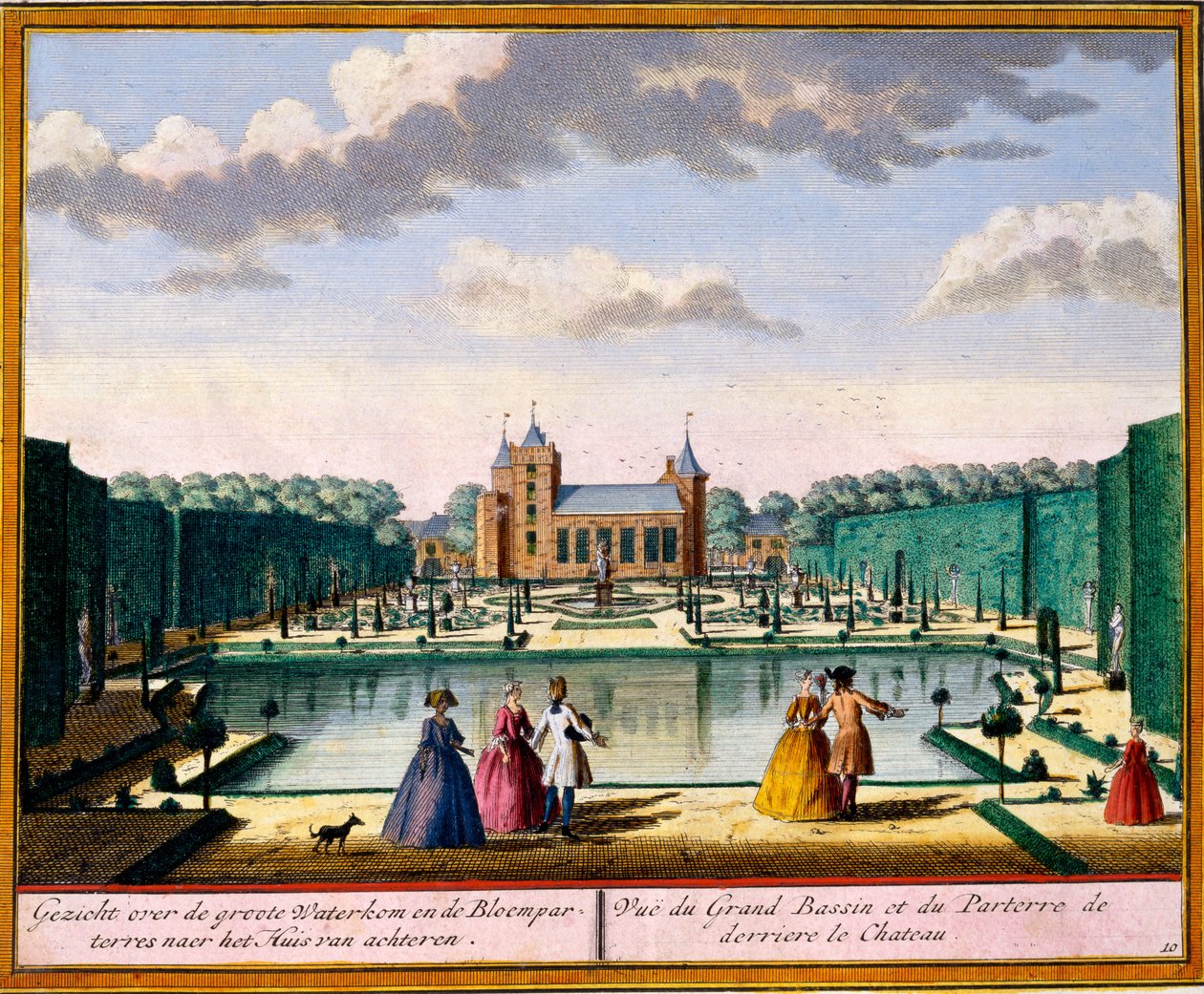Hendrick de Leth और Matthias Brouerius Van Nidek द्वारा Het Zeganpralent Kennemerlant से घर के पीछे बड़े बेसिन और पैरट्रे का दृश्य, प्रकाशित c.1700-30 द्वारा डच स्कूल