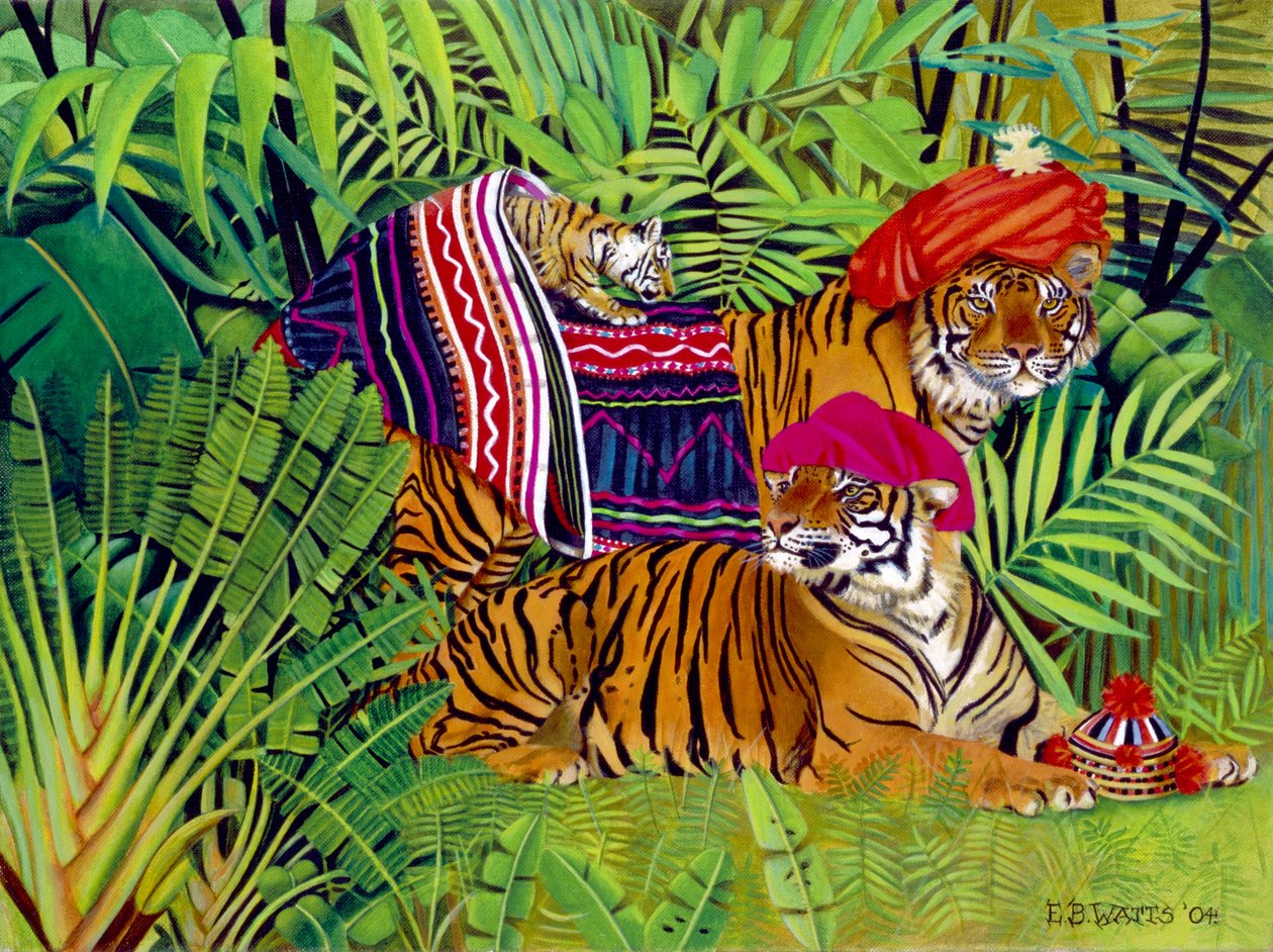 थाई कपड़े के साथ टाइगर परिवार, 2004 (कैनवास पर एक्रिलिक) द्वारा ईब वाट्स
