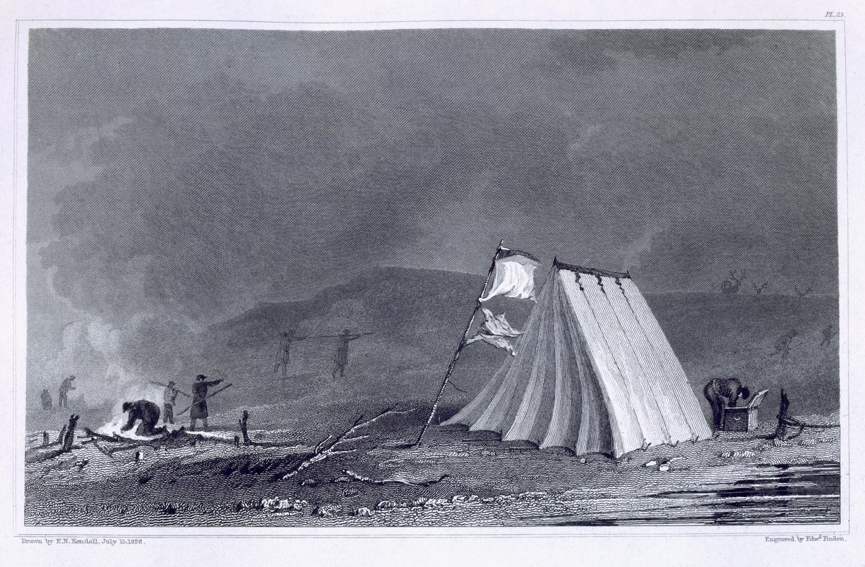 एडवर्ड फाइंडेन (1791- 1791) सर जॉन फ्रेंकलिन (1786-1847) द्वारा उकेरे गए ब्रेल कॉव में 15 जुलाई, 1826 को &39;नैरेटिव ऑफ़ ए सेकंड एक्सपीडिशन ऑफ द पोल ऑफ़ सी टू द ईयर 1825-27&39; में प्रदर्शनी द्वारा एन केंडल