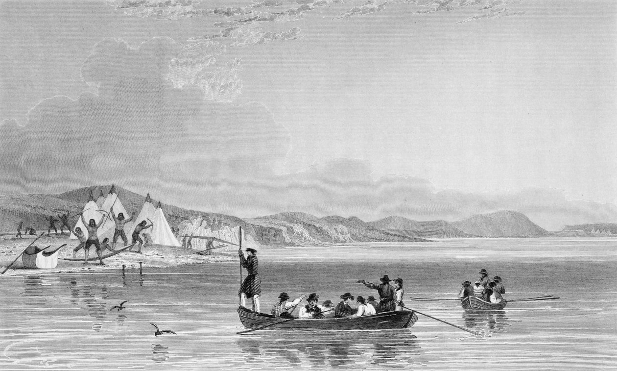 सर जॉन फ्रेंकलिन (1786-1847) द्वारा एडवर्ड फाइंडेन (1791-18) द्वारा उत्कीर्ण, रिचर्ड आइलैंड पर एस्किमक्स एग्जीबिशन, &39;नैरेटिव ऑफ़ अ सेकंड एक्सपेडिशन इन द इयर्स ऑफ द ईयर 1825-27&39; द्वारा एन केंडल