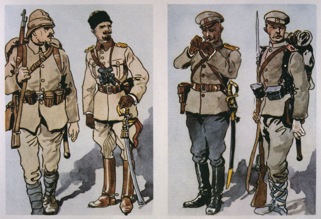 1917 के तुर्की इन्फैंट्रीमैन और अधिकारी (बाएं) और बल्गेरियाई इन्फैंट्री अधिकारी और 1917 के फुट सैनिक (दाएं) (रंग लिथो) द्वारा ई. (बाद में) डोब्रीच
