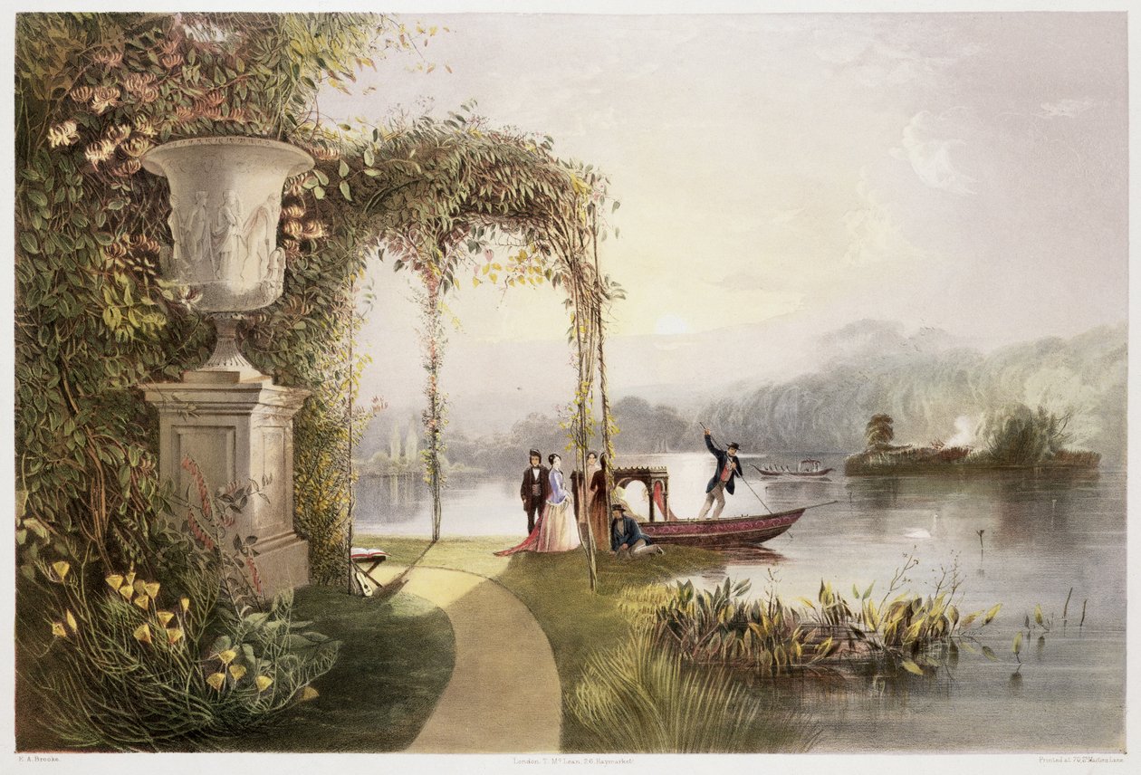 &39;द गार्डन्स ऑफ़ इंग्लैंड&39; से लेक, ट्रेंटम हॉल गार्डन, 1857 (क्रोमोलिथो) प्रकाशित द्वारा ई। एडवेनो ब्रुक