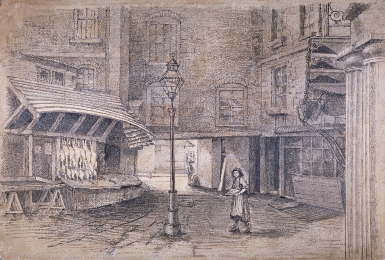 क्लेयर मार्केट, वेस्टमिंस्टर, लंदन में पोल्टरर की दुकान, c1850 द्वारा ई होलाह
