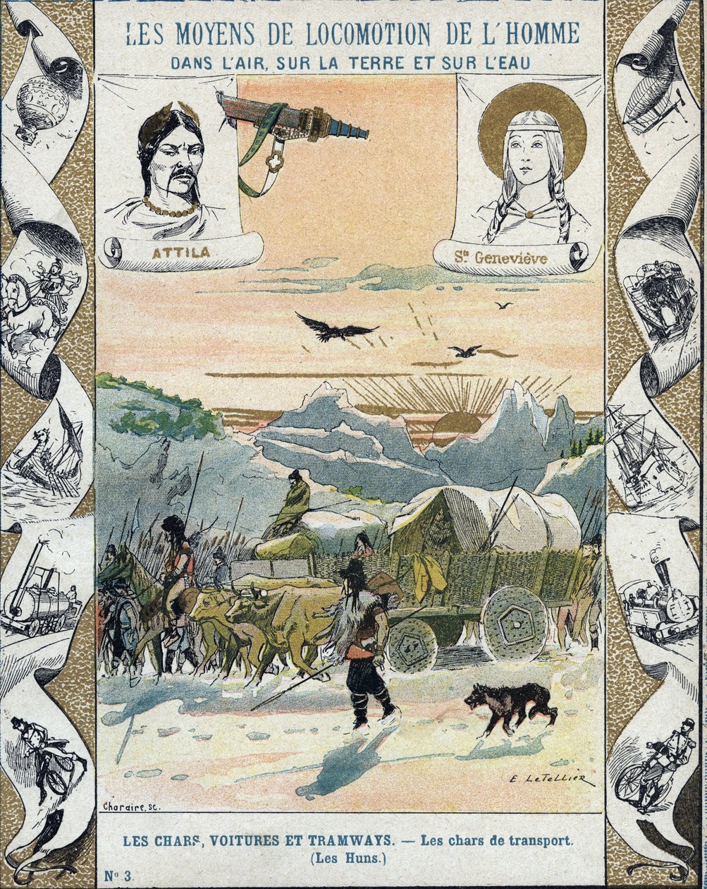 परिवहन टैंक - अत्तिला के हूण (सीए। 395-453) - जंगली आक्रमण - ई लेटेलियर द्वारा चित्रण - ऐतिहासिक नोटबुक की रक्षा करता है, 19 वीं शताब्दी के अंत में - द्वारा ई। लेटलियर