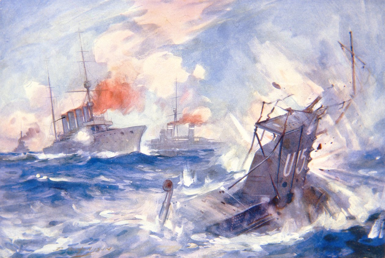 HMS बर्मिंघम (कलर लिथो) द्वारा जर्मन पनडुब्बी U15 का डूबना द्वारा ईएस (बाद) हॉजसन