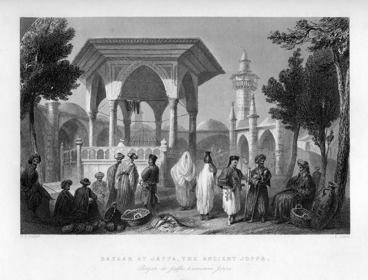 जाफा, प्राचीन जोपा, फिलिस्तीन इज़राइल, 1841 में बाजार। द्वारा ई। स्मिथ