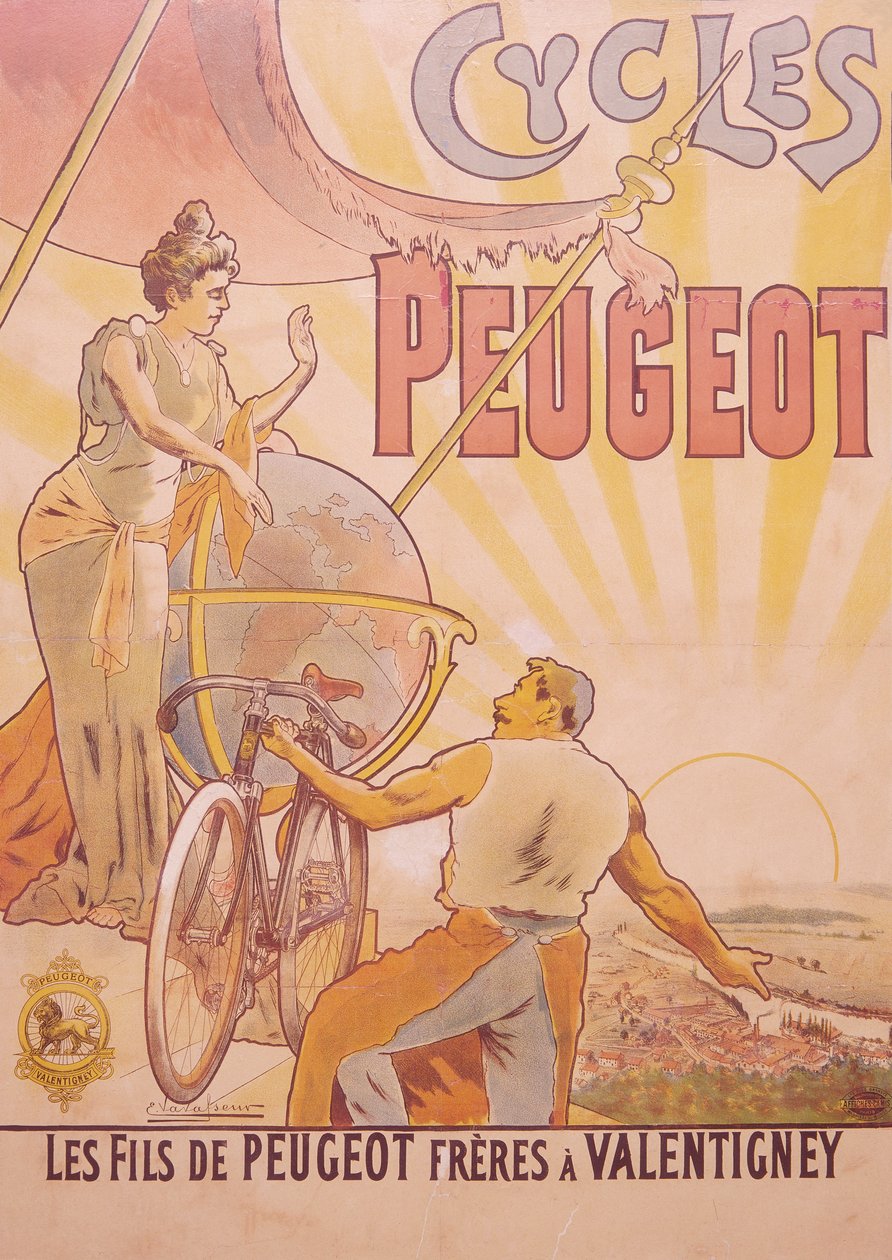 पोस्टर विज्ञापन Peugeot साइकिलें, 19वीं सदी के अंत में 20वीं सदी की शुरुआत में द्वारा ई वावस्सुर
