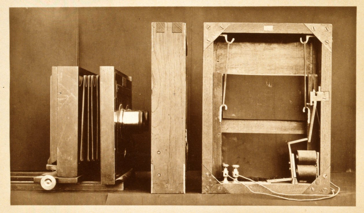 Eadweard Muybridge द्वारा उपयोग किए गए इलेक्ट्रो-शटर का कैमरा और बैक उनकी &39;एनिमल लोकोमिशन&39; श्रृंखला को शूट करने के लिए, c.1881 द्वारा एडवियर्ड मुयब्रिज