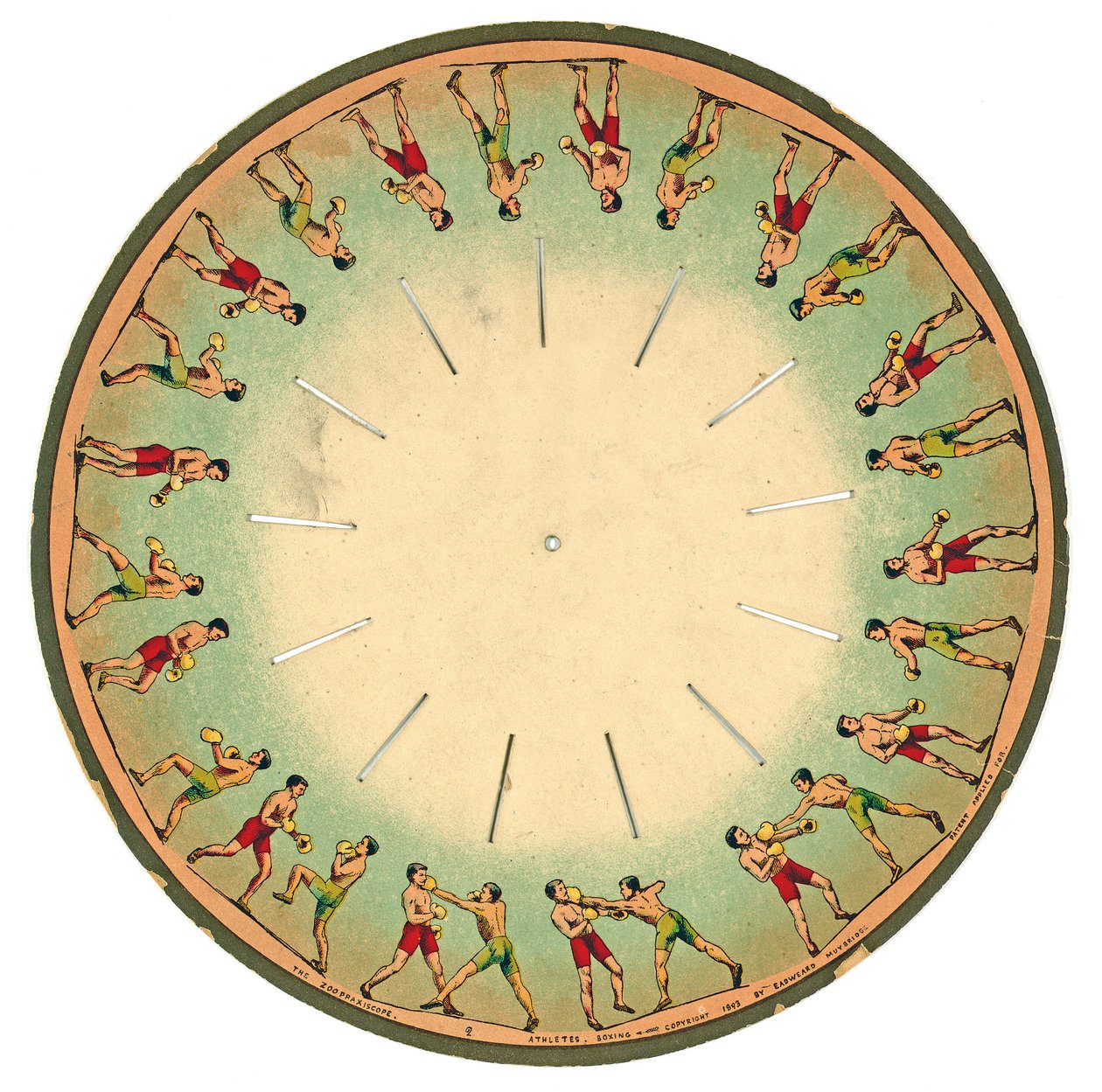 zoopraxiscope डिस्क जिसमें पुरुषों को मुक्केबाजी, 1893 दिखाया गया है द्वारा एडवियर्ड मुयब्रिज