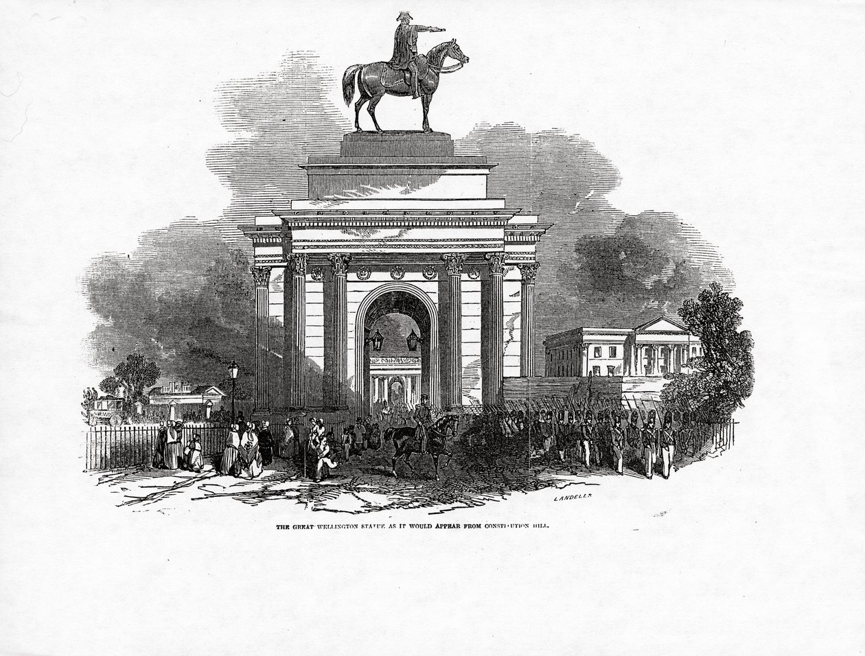 ग्रेट वेलिंगटन स्टैच्यू जैसा कि 3 अक्टूबर 1846 को &39;द इलस्ट्रेटेड लंदन न्यूज&39; में प्रकाशित संविधान हिल से दिखाई देगा द्वारा एबेनेजर लैंडल्स