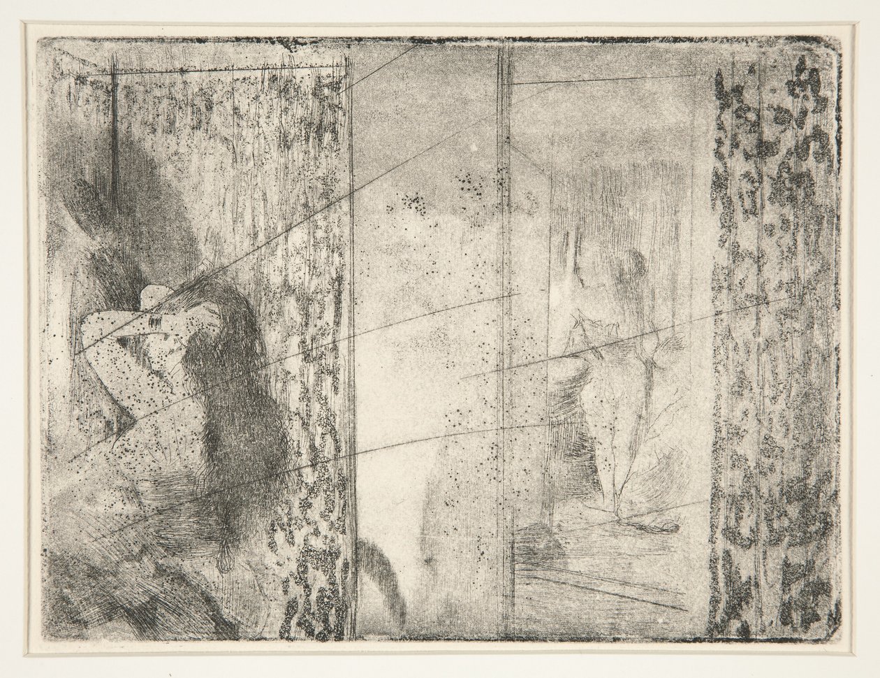 लोगेस डेक्ट्रिस (अभिनेत्री के ड्रेसिंग रूम), c.1875 (नक़्क़ाशी और जलीय) द्वारा एडगर डीगास